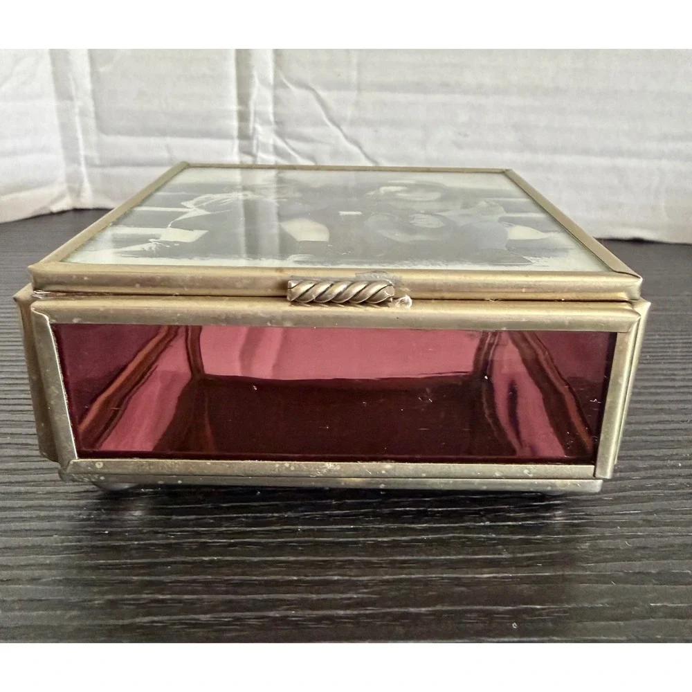Vintage Enesco Stained Glass Jewelry Box Cranberry Purple Brass Photo Lid Mexico